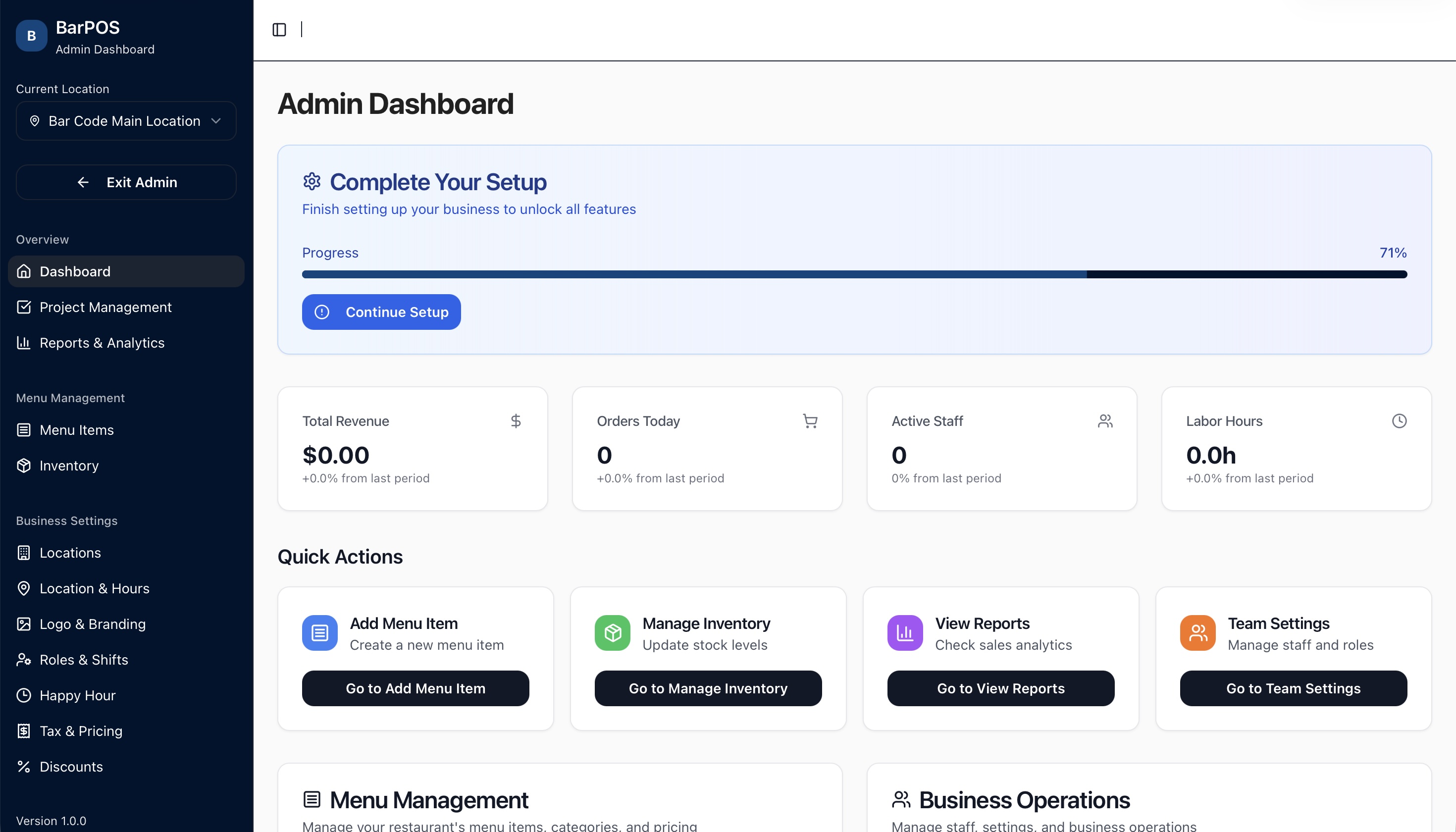 bar-pos admin dashboard — setup progress, menu management, business operations.