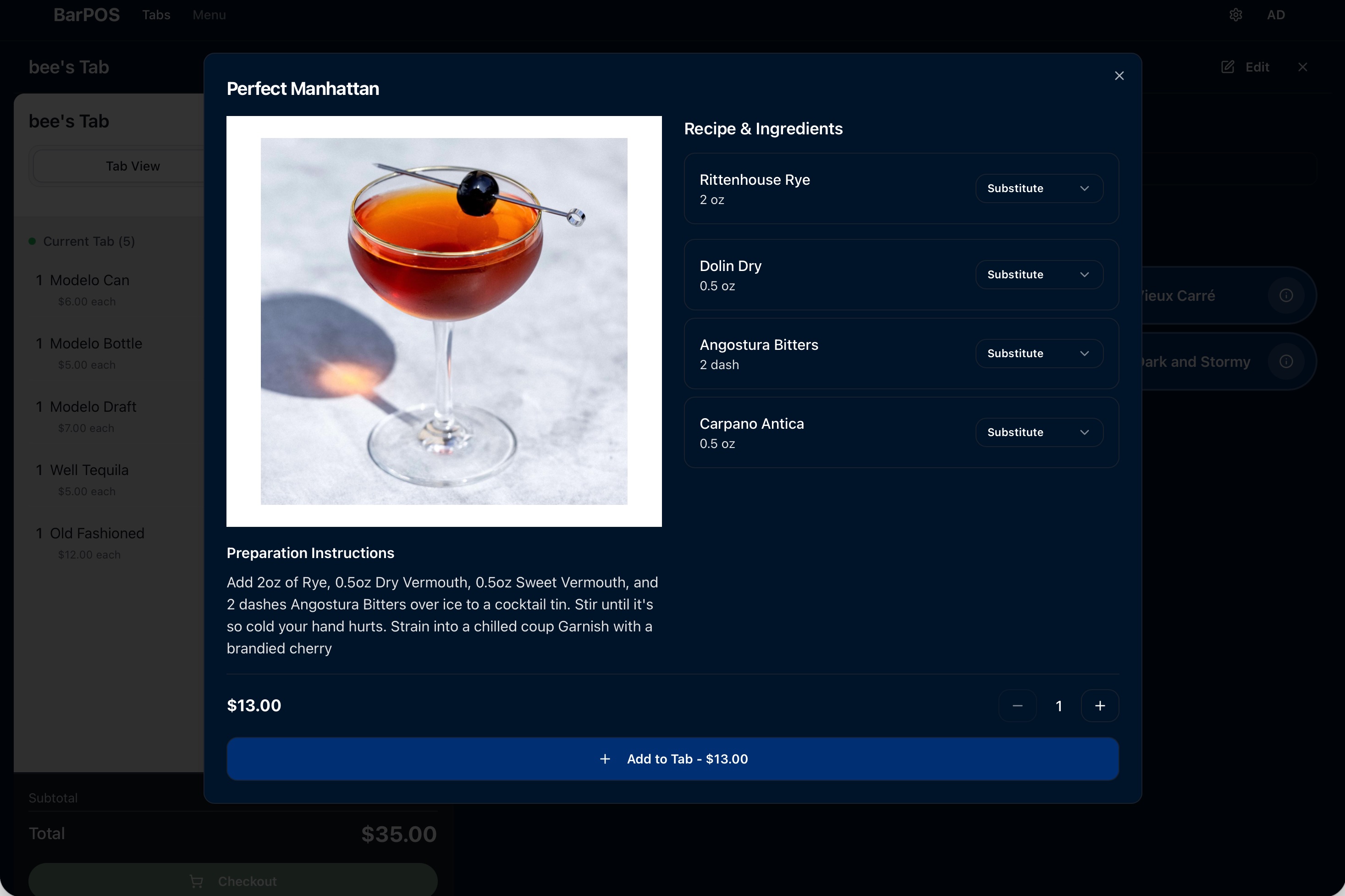 bar-pos item detail — Old Fashioned with recipe, ingredients, substitutions, and prep instructions.