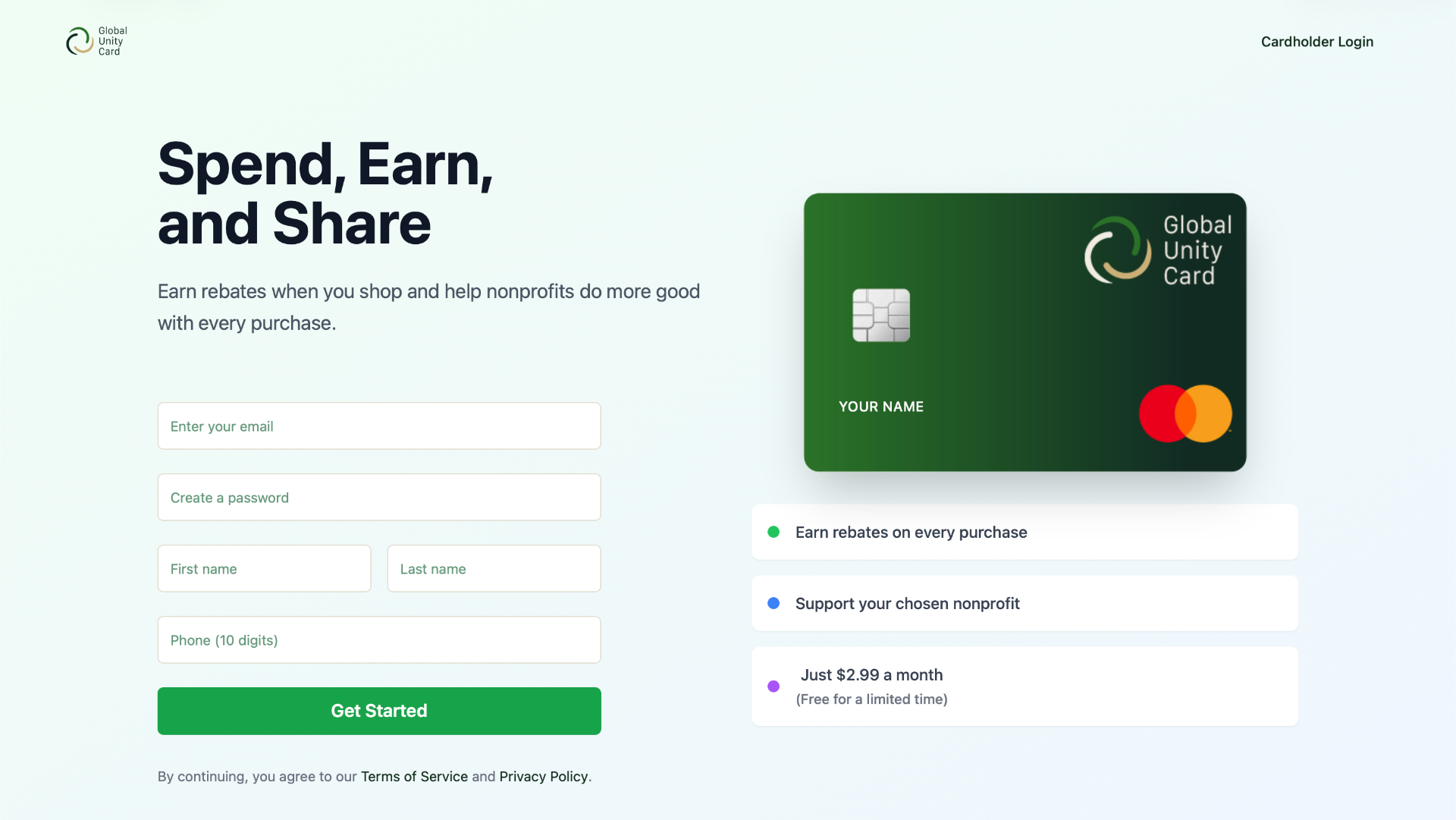 Global Unity Card cardholder signup — email, password, name, phone, with the card and benefits alongside.