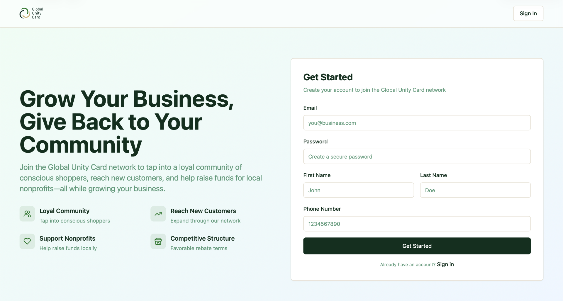 Global Unity Card retailer signup — Get Started form alongside loyal community, reach, support, and rebate terms.
