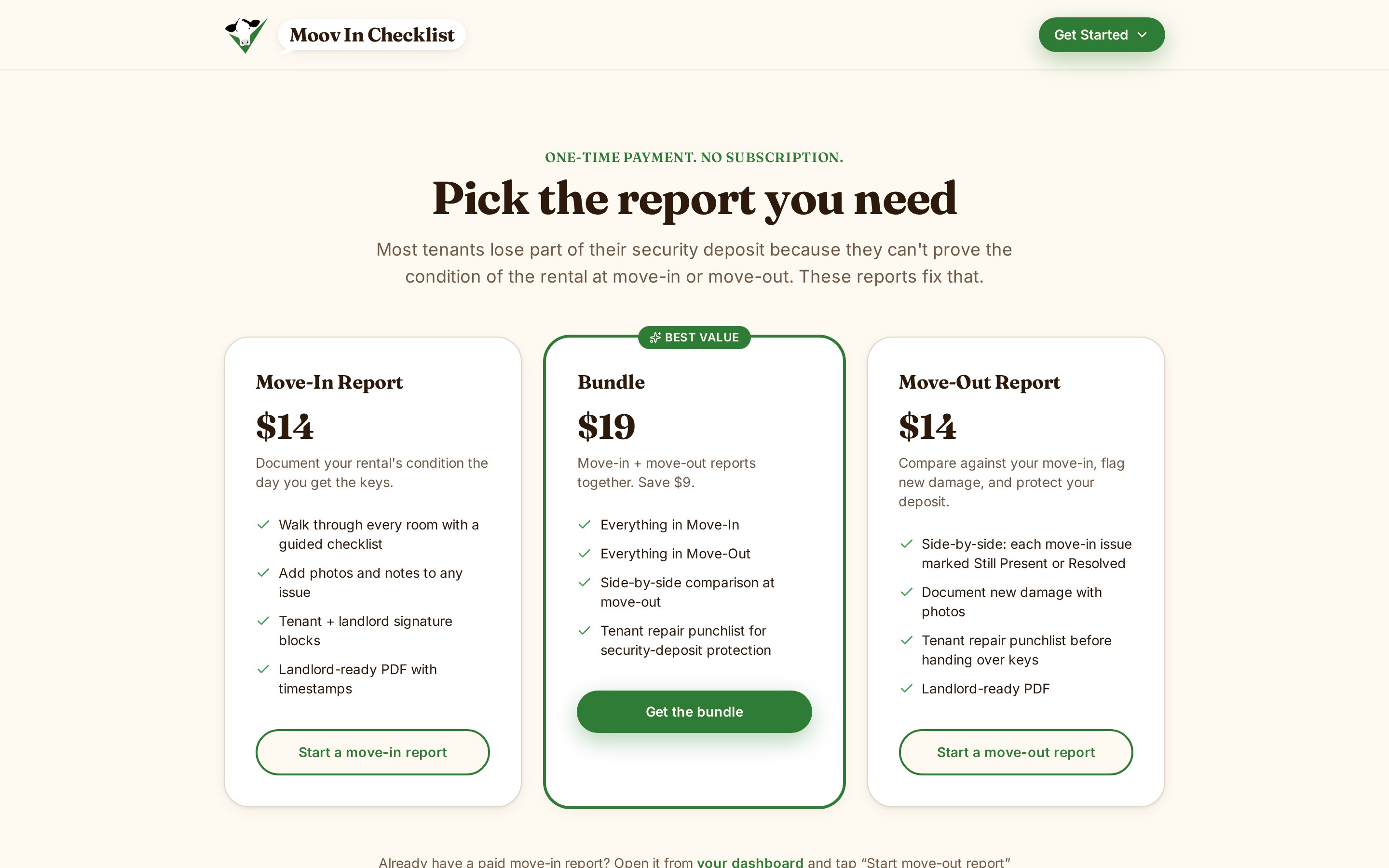 Moov In Checklist pricing — tenants pay once, landlords and realtors have dedicated plans.