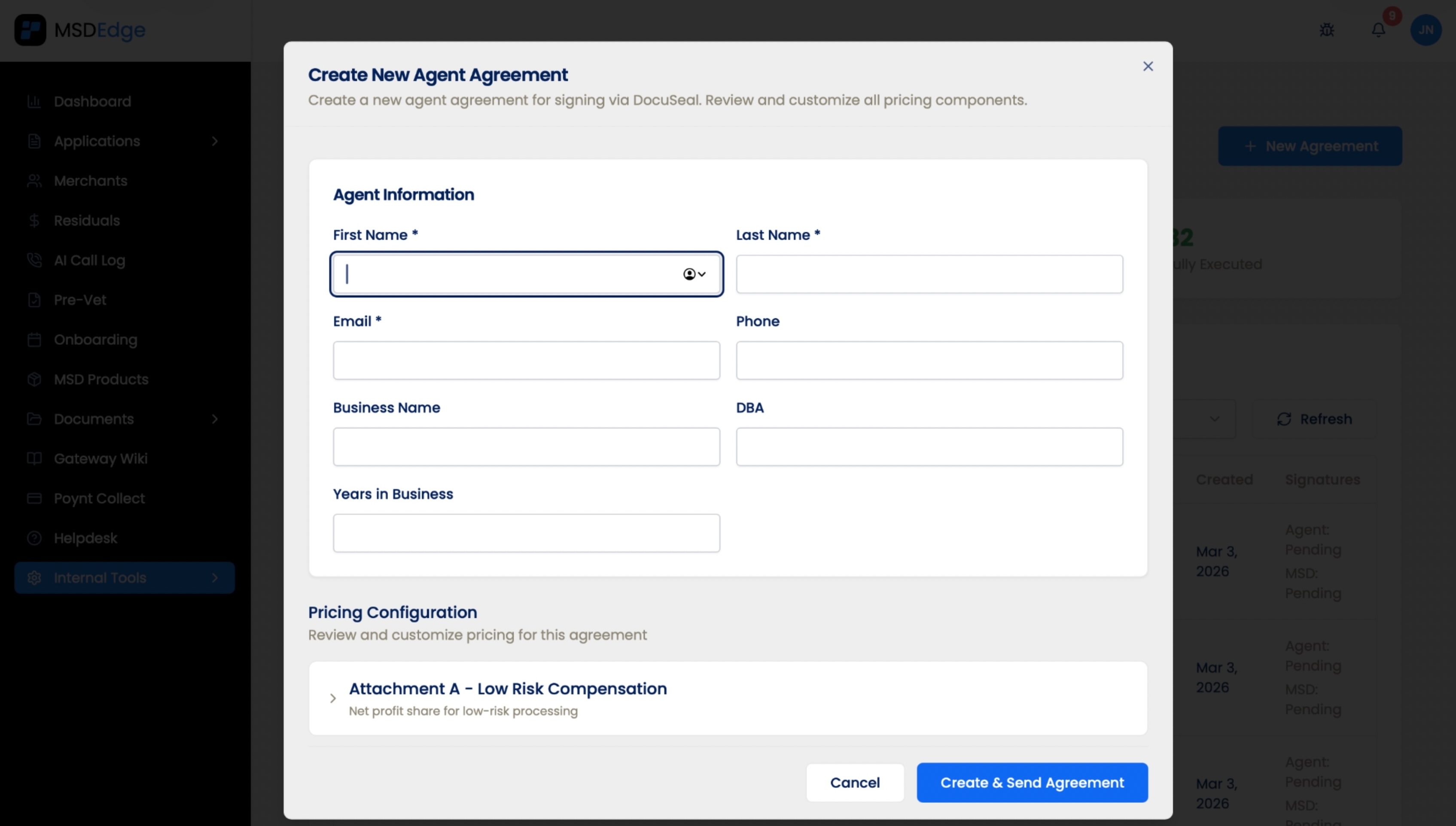 MSD agent onboarding flow with DocuSeal-signed agreement and permission scoping.