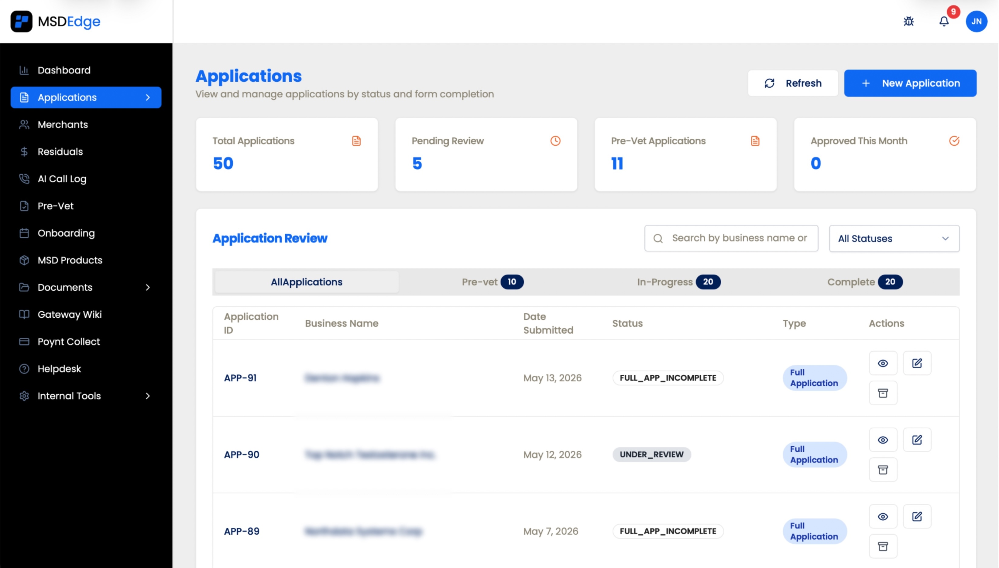MSD application archive with completed applications and full audit trail.