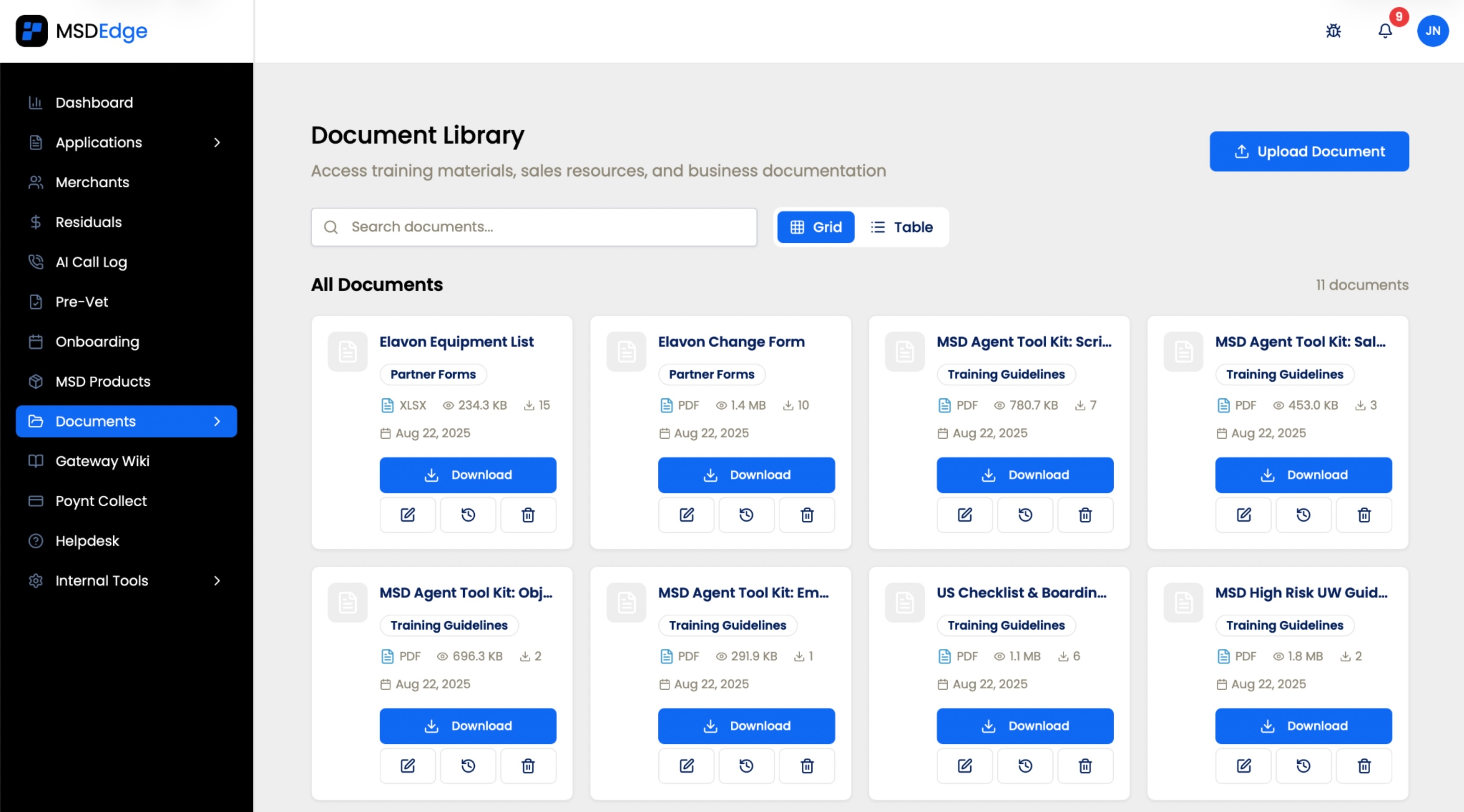 MSD document library with versioned sales collateral and operational documentation.