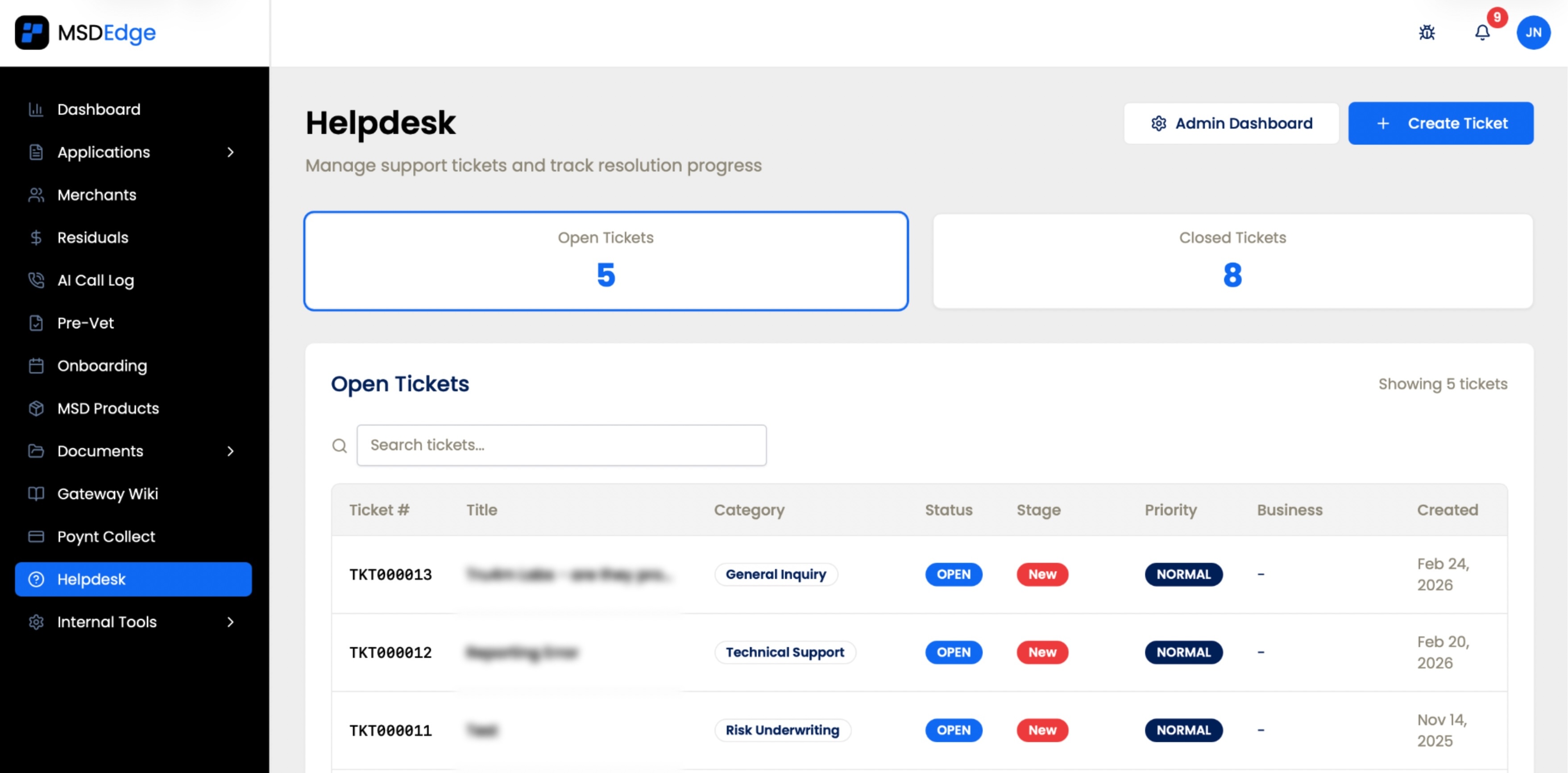 MSD helpdesk ticket queue with operations-side triage across applications and merchants.