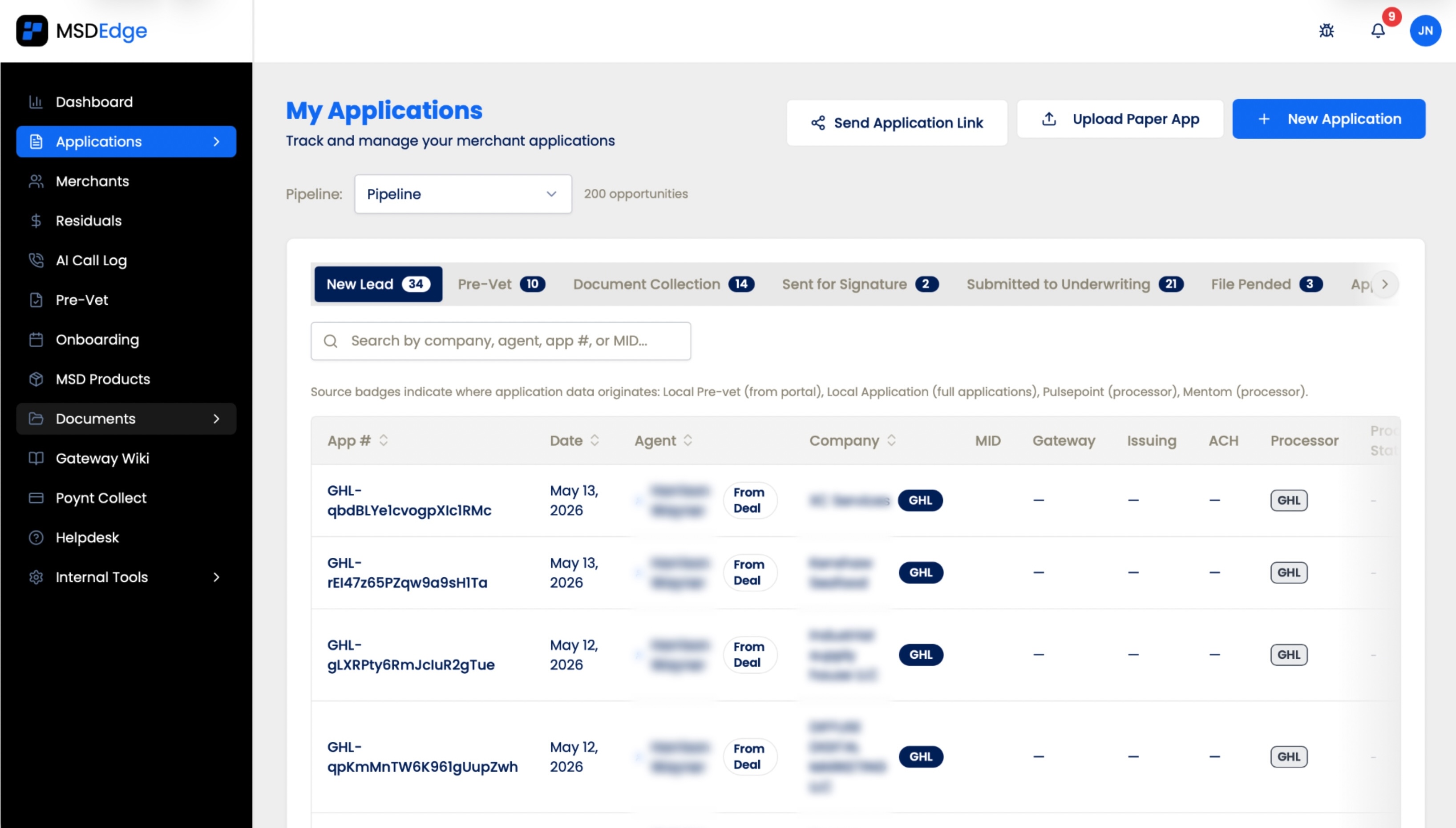 MSD applications pipeline showing unified view of every application across stages.