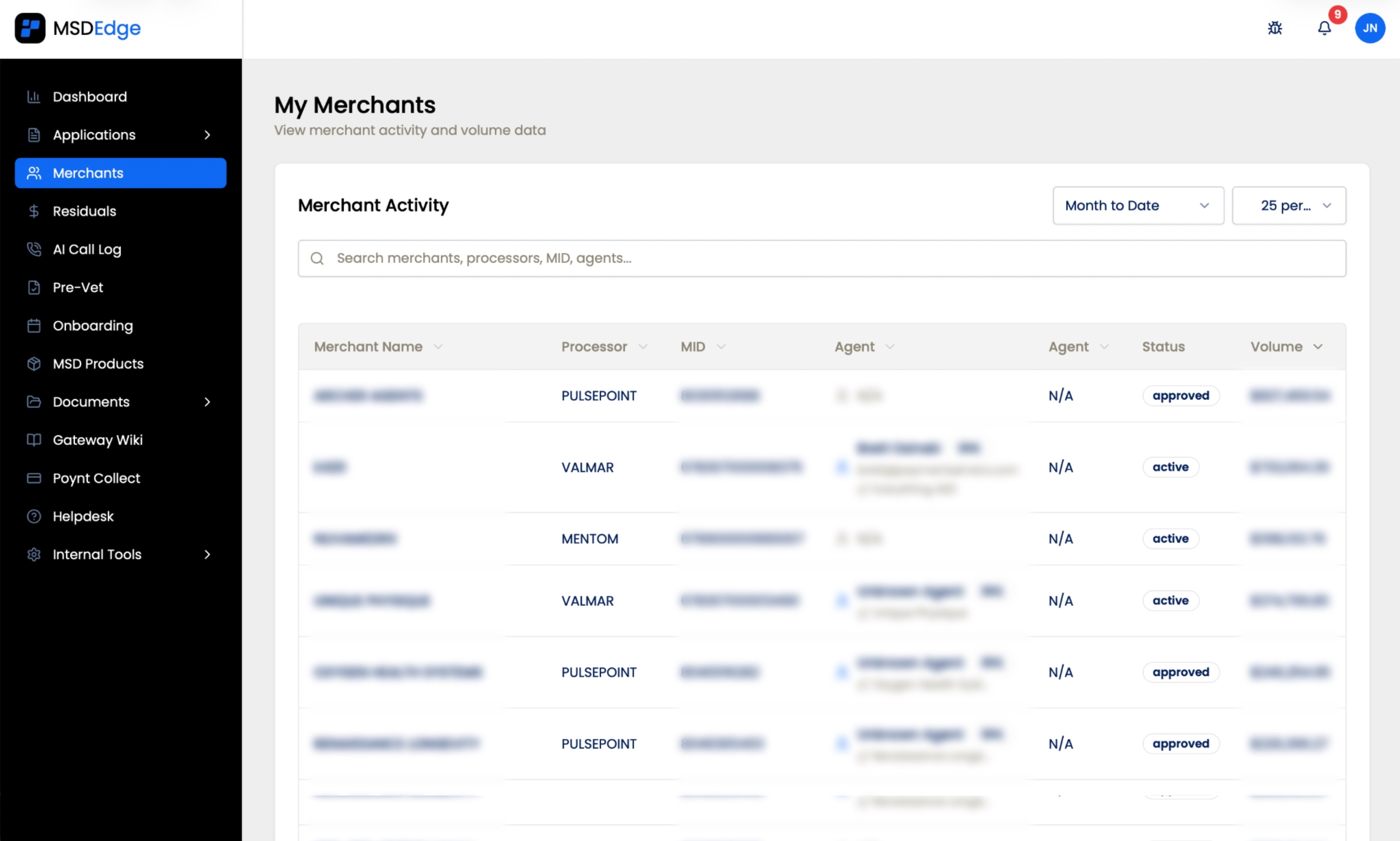 Agent's view of their merchant portfolio with status, volume, and residual visibility.