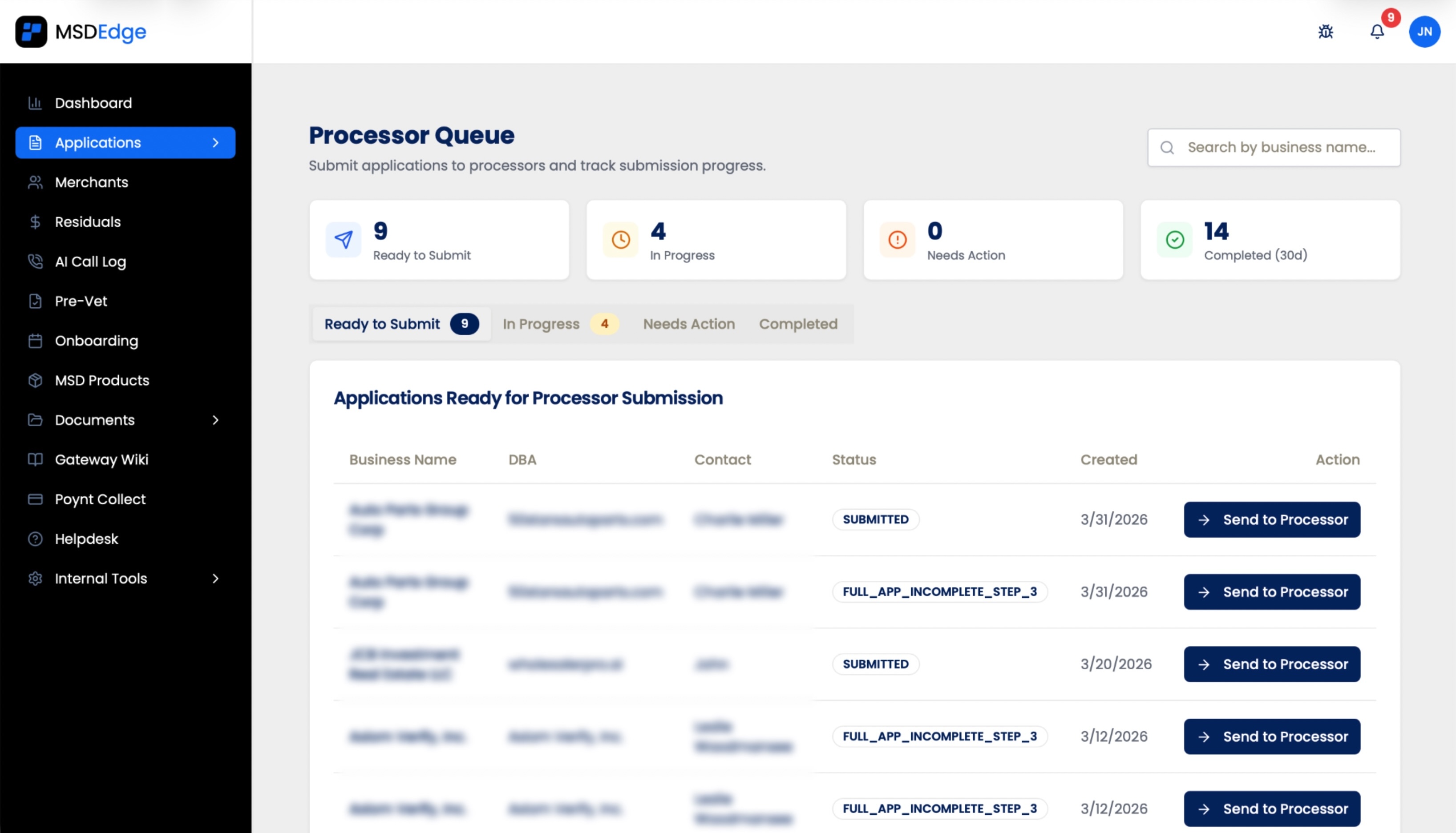MSD processor queue showing applications routed to the receiving processor's adapter.
