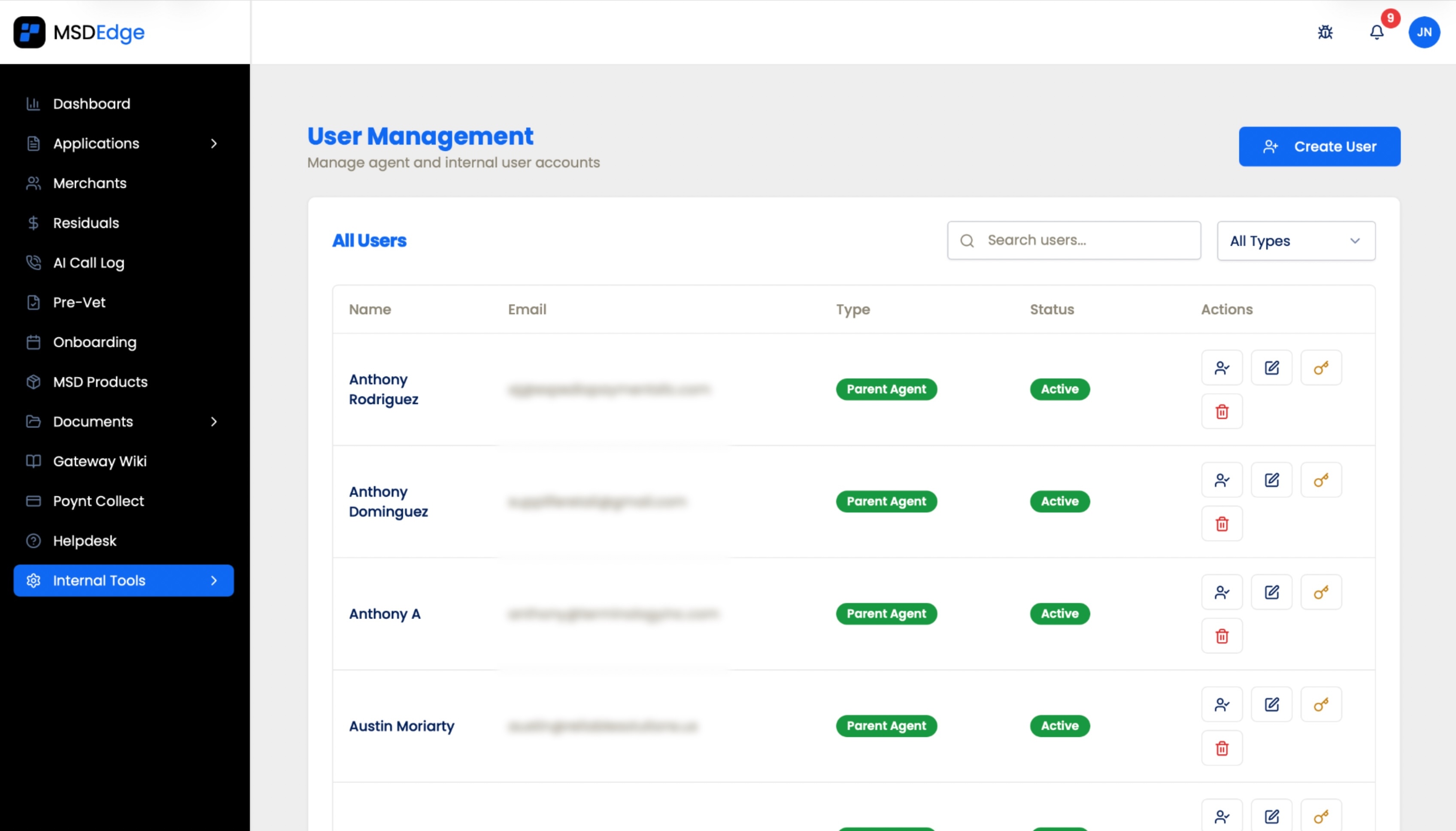 MSD internal user management view for agent records, permissions, and admin actions.